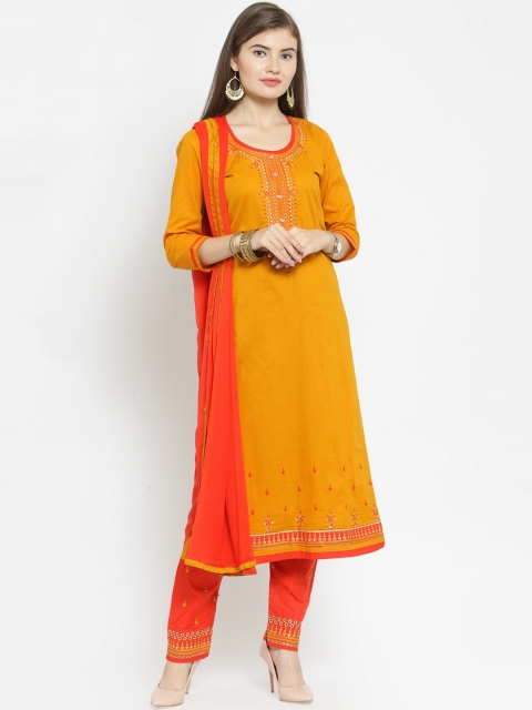 

Kvsfab Mustard Yellow & Red Cotton Blend Unstitched Dress Material