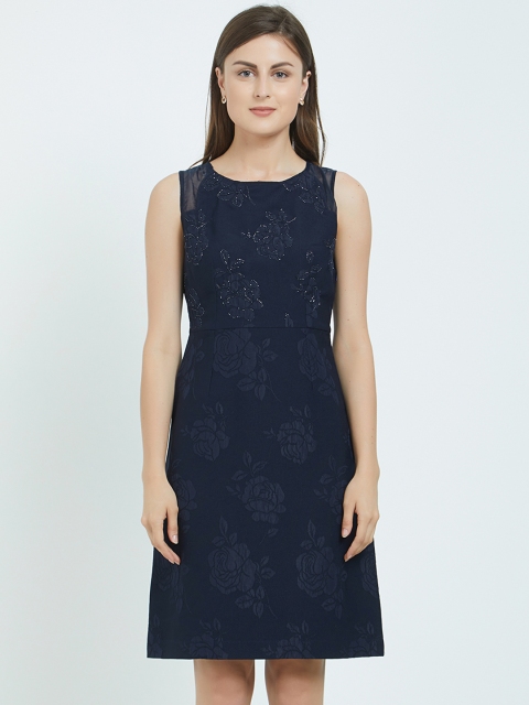 

Soie Women Navy Blue Printed A-Line Dress