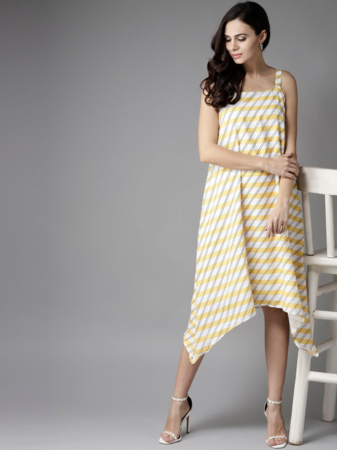 

Moda Rapido Women Yellow & Off-White Striped A-Line Dress