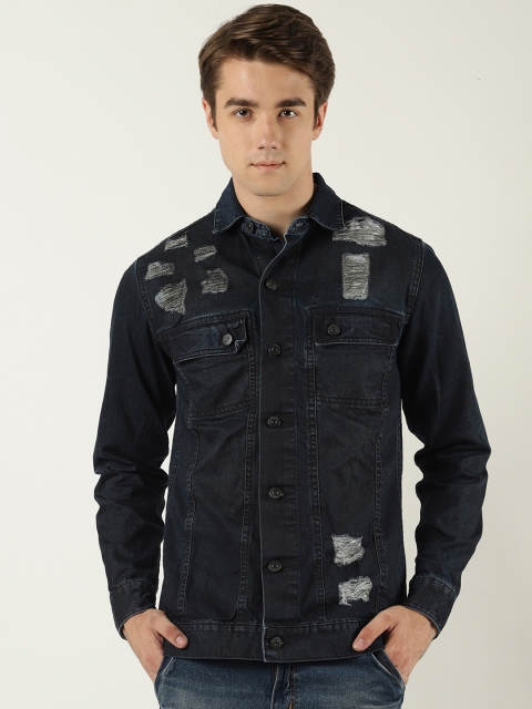 

Blue Saint Men Navy Blue Distressed Denim Jacket