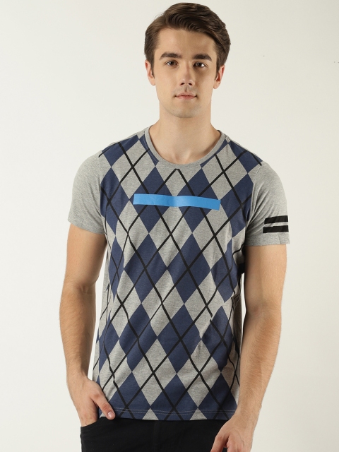 

Blue Saint Men Grey Melange Printed Round Neck T-shirt