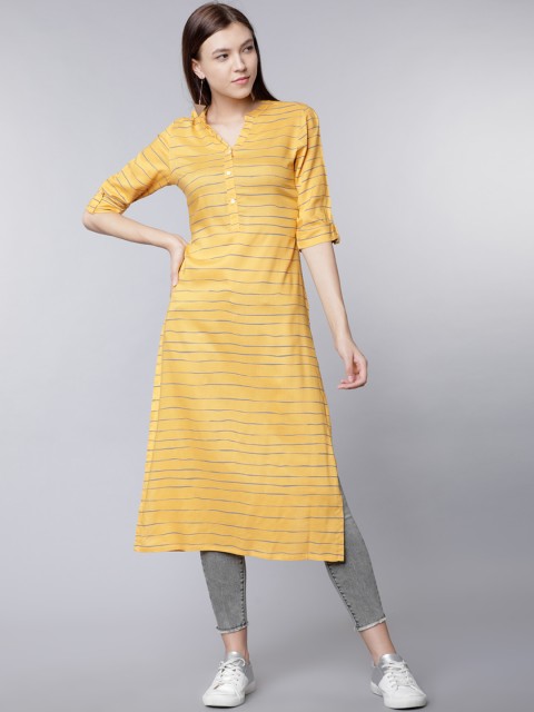 

Vishudh Women Yellow & Grey Striped Straight Kurta