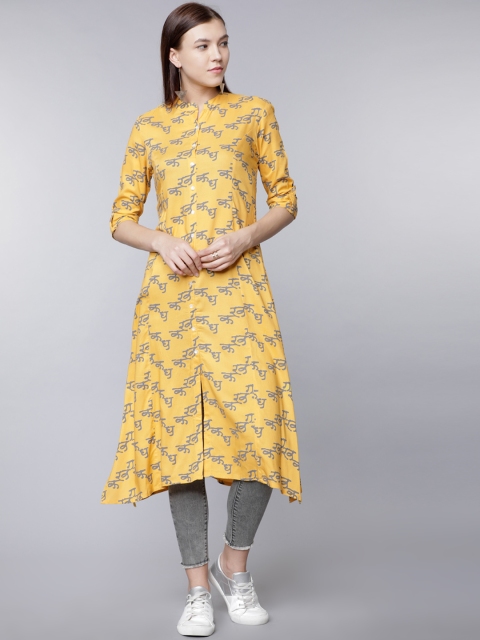 

Vishudh Women Yellow & Grey Printed Asymmetric A-Line Kurta
