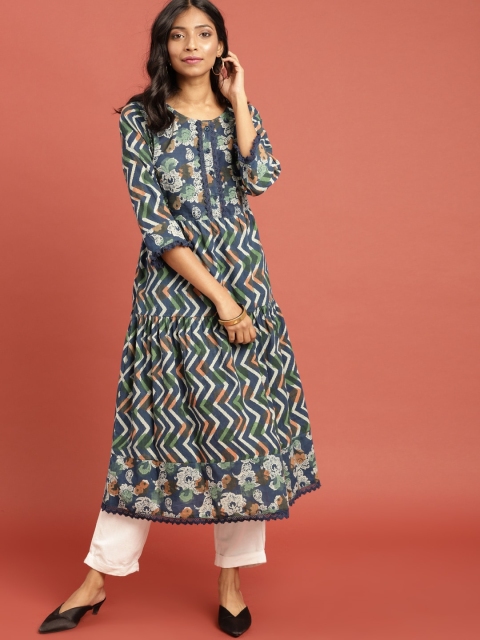 

Taavi Women Blue Indigo Hand Block Print Sustainable A-Line Kurta