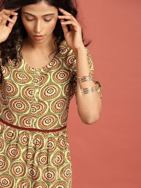 

Taavi Women Cream-Coloured & Maroon Bagru Hand Block Print Sustainable Dress with Gathers