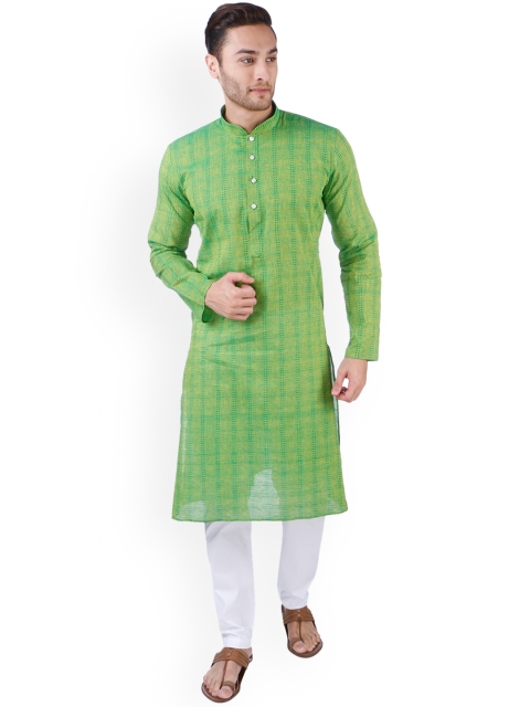 

RAJUBHAI HARGOVINDAS Men Green & White Self Design Kurta with Churidar