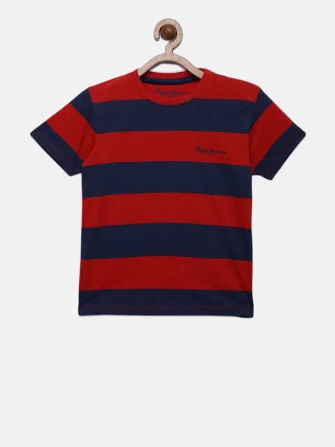 

Pepe Jeans Boys Red & Navy Blue Striped Round Neck T-shirt