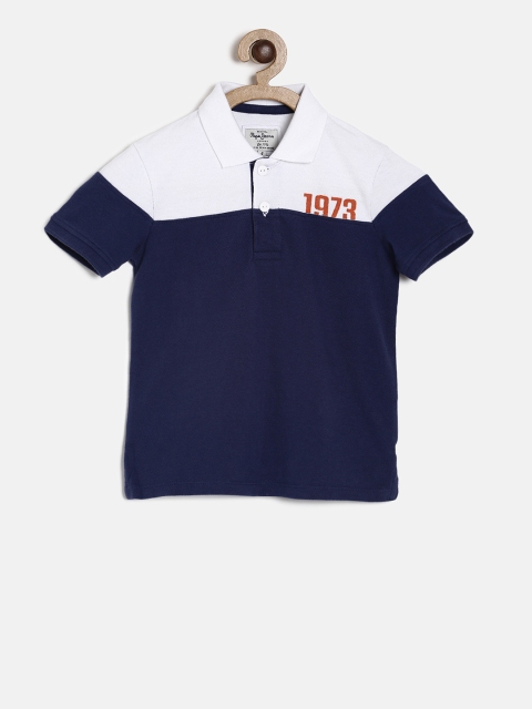 

Pepe Jeans Boys White & Navy Blue Colourblocked Polo Collar T-shirt