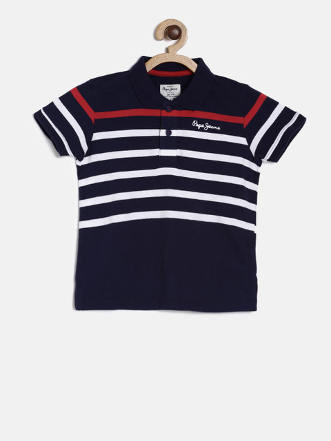 

Pepe Jeans Boys Navy Blue Striped Polo Collar T-shirt