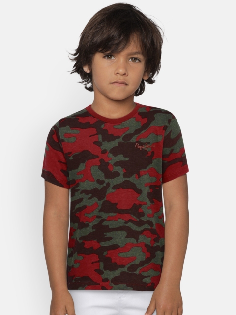 

Pepe Jeans Boys Burgundy Green Camouflage Printed Round Neck Pure Cotton T-shirt