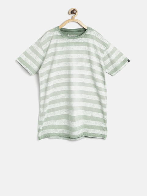 

Pepe Jeans Boys Green & Off-White Striped Round Neck T-shirt