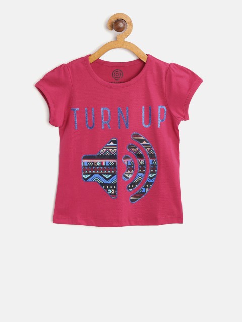 

TAMBOURINE Girls Fuchsia Pink Printed Round Neck T-shirt