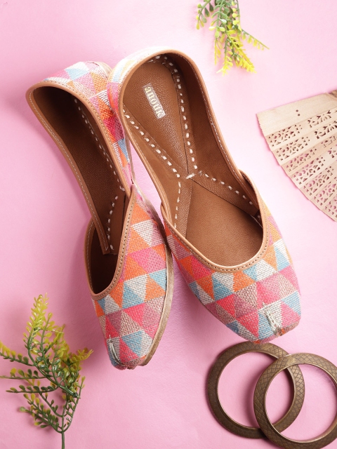

Anouk Women Coral Pink & Blue Woven Design Mojaris