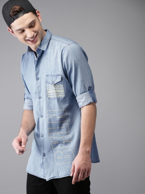 

Moda Rapido Men Blue Regular Fit Printed Chambray Casual Shirt