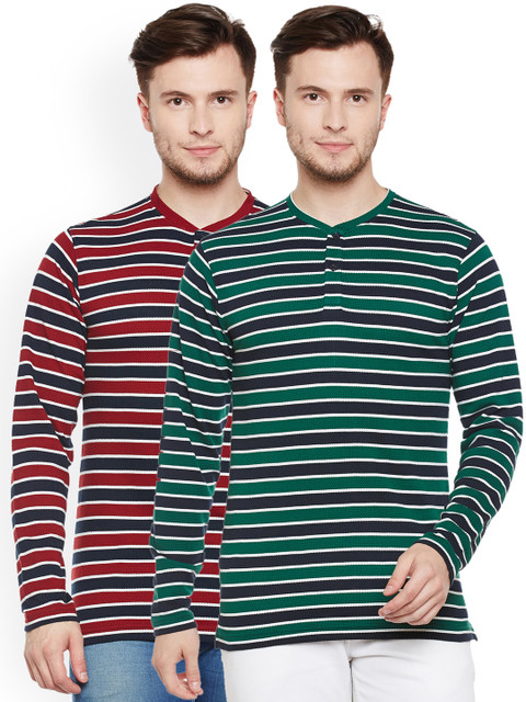 

Club York Men Pack of 2 Striped Henley Neck T-shirts, Green