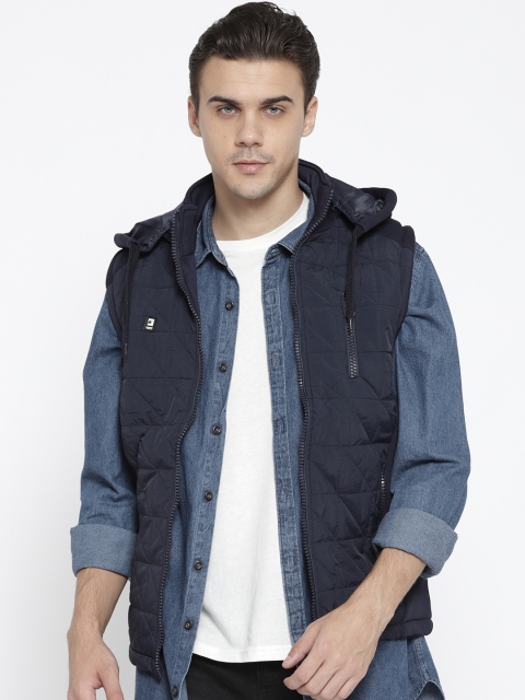 

Fort Collins Men Navy Blue Solid Hooded Sleeveless Quilted Jacket
