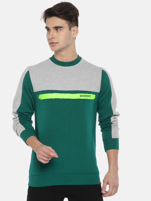 

Wildcraft Men Green & Grey Melange Colourblocked Crew Sweatshirt