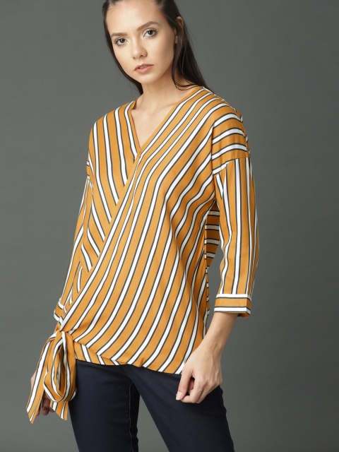 

Roadster Women Mustard Yellow & White Striped Wrap Top
