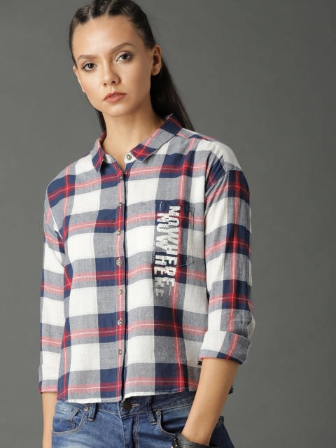 

Roadster Women White & Navy Boxy Checked Shirt with Print