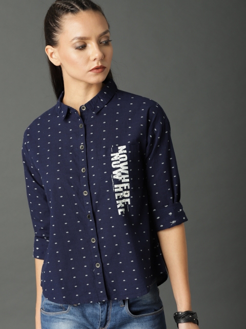 

Roadster Women Navy Boxy Dobby Shirt with Print, Navy blue