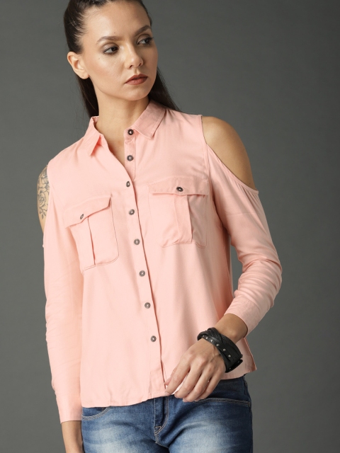 

Roadster Women Peach-Coloured Solid Cold-Shoulder Shirt Style Top