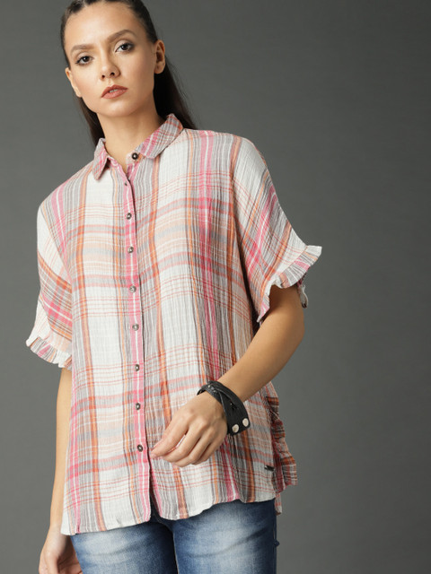 

Roadster Women Pink Checked Shirt Style Top