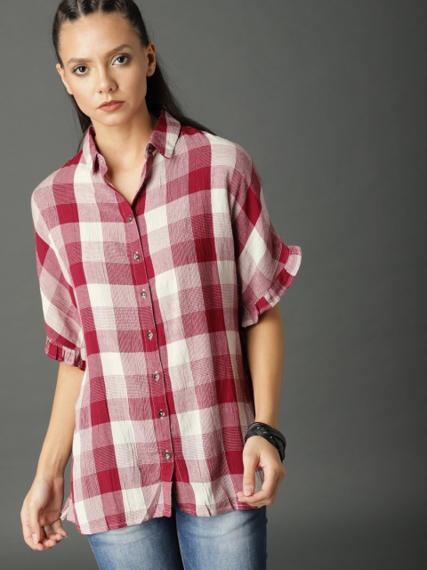 

Roadster Women Off-White Checked Shirt Style Top