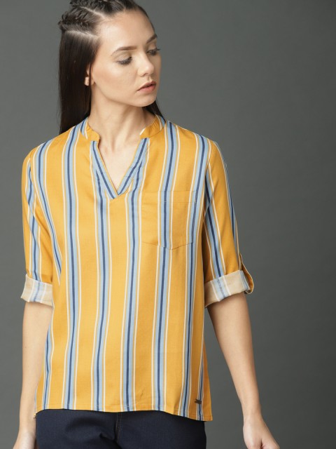 

Roadster Women Mustard Yellow & Blue Striped Top