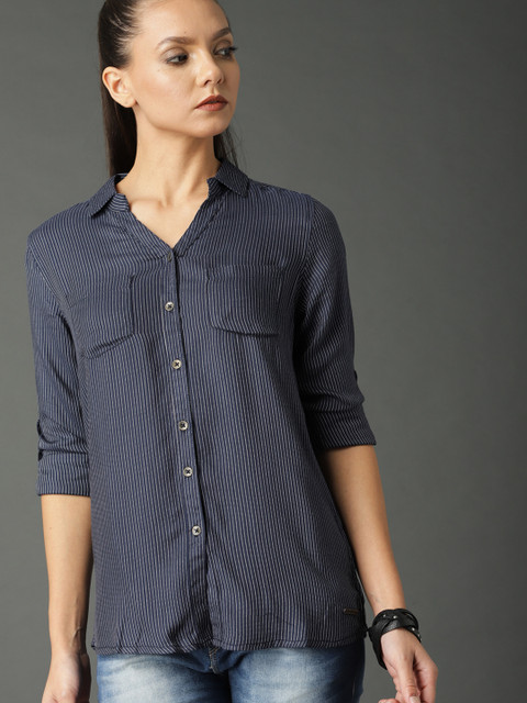 

Roadster Women Navy Relaxed Fit Striped Casual Shirt, Navy blue
