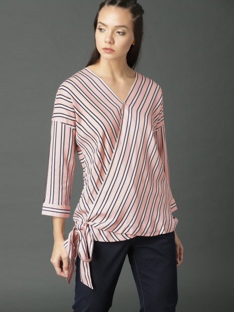 

Roadster Women Peach-Coloured & White Striped Wrap Top