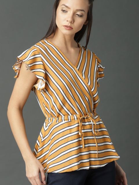 

Roadster Women Mustard Yellow & White Striped Cinched Waist Top