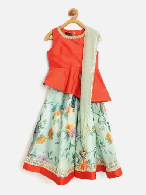 

pspeaches Girls Green & Orange Printed Ready to Wear Lehenga & Blouse with Dupatta