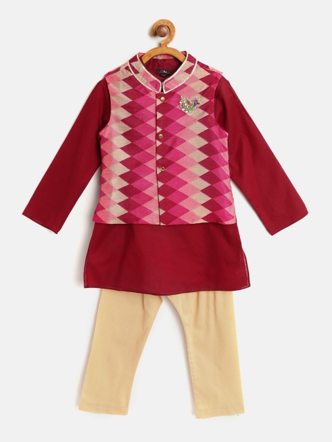 

pspeaches Boys Maroon & Beige Printed Kurta with Pyjamas & Nehru Jacket