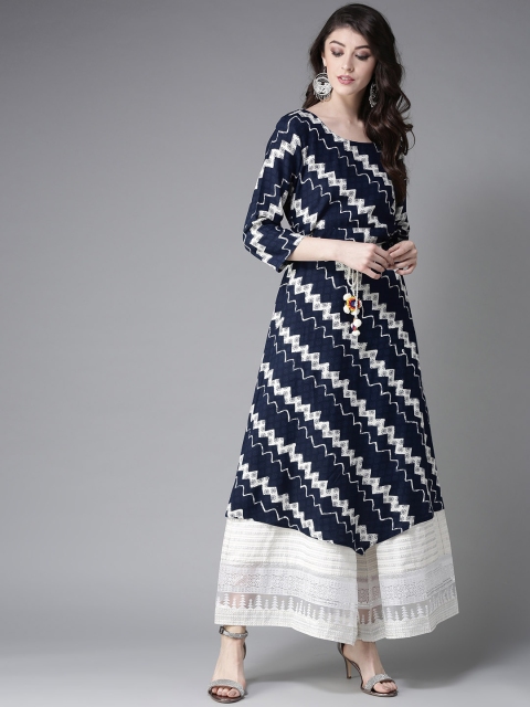 

Moda Rapido Women Navy Blue & Off-White Printed A-Line Kurta