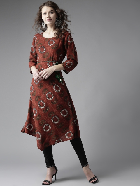 

Moda Rapido Women Rust Brown & Off-White Printed Asymmetric A-Line Kurta