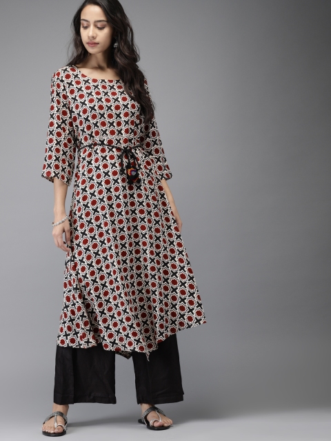 

Moda Rapido Women Brown & Off-White Asymmetrical Hem Printed A-Line Kurta