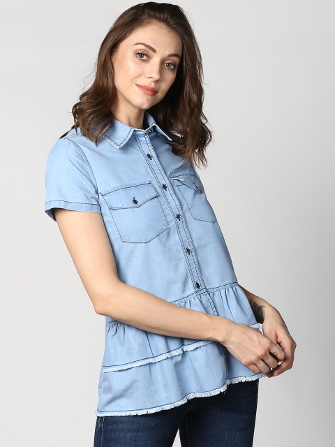 

StyleStone Women Blue Solid Denim Shirt Style Top