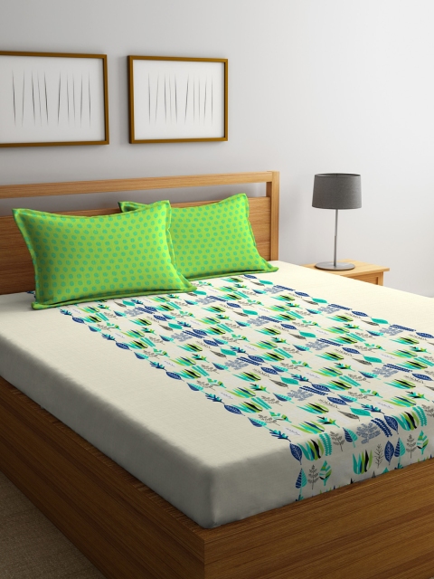 

Portico New York Cream-Coloured & Green Floral Fitted 144 TC Bedsheet with 2 Pillow Covers