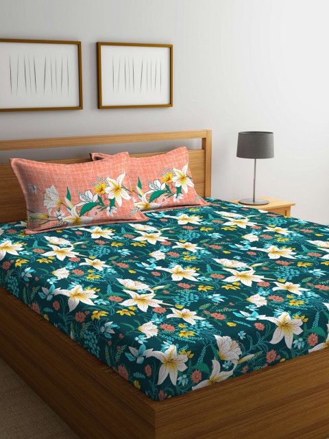 

Portico New York Green Floral Fitted 144 TC Cotton 1 Queen Bedsheet with 2 Pillow Covers