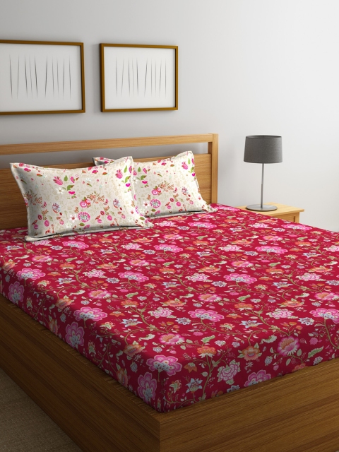 

Portico New York Red & Pink Floral Fitted 144 TC Cotton Bedsheet with 2 Pillow Covers