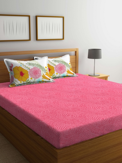 

Portico New York Pink Abstract Fitted 144 TC Cotton Bedsheet with 2 Pillow Covers