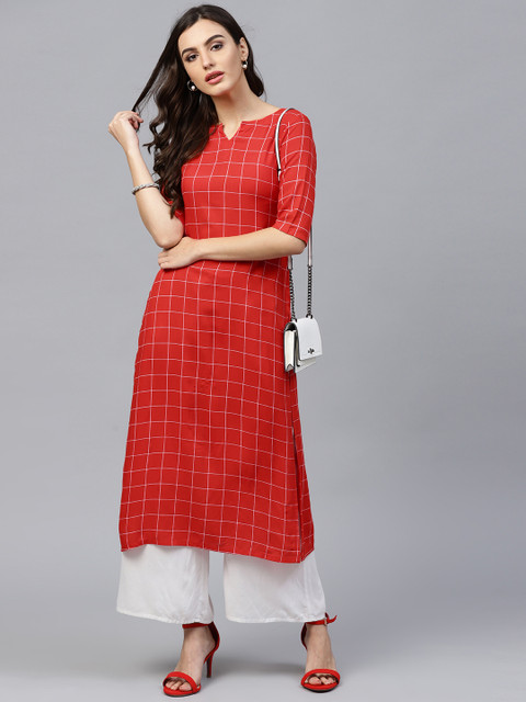 

GERUA Women Red Checked Straight Kurta