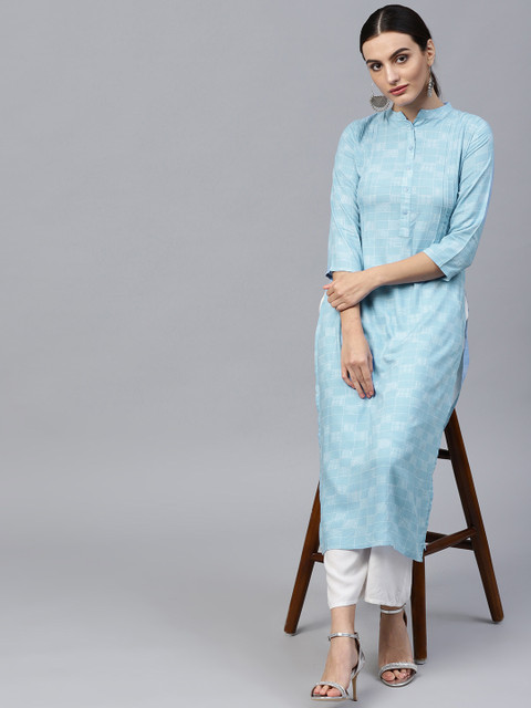 

GERUA Women Blue & White Checked Straight Kurta