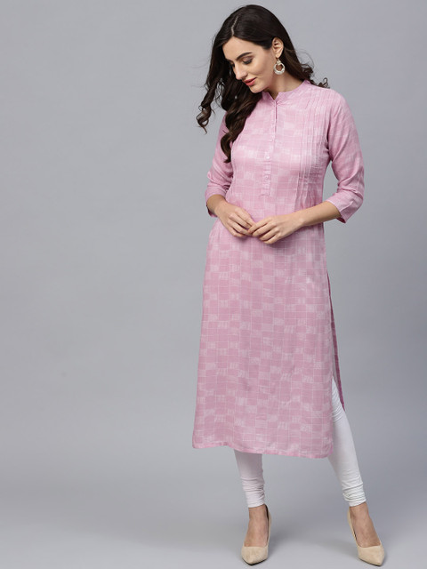 

GERUA Women Pink & White Checked Straight Kurta