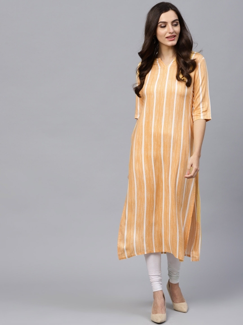 

GERUA Women Yellow & White Striped Straight Kurta