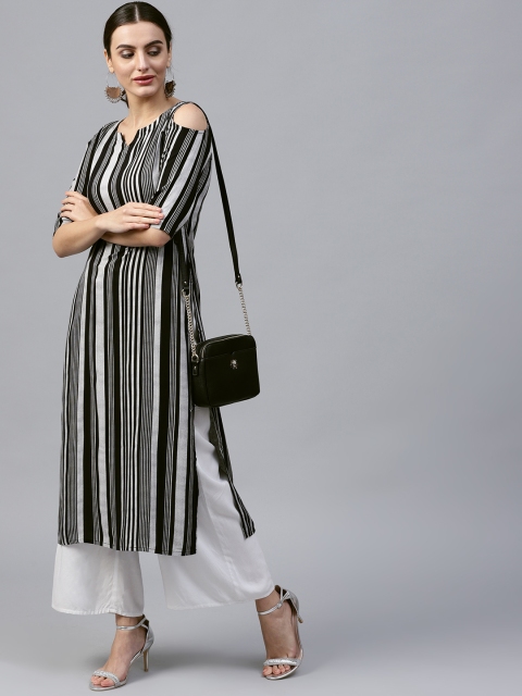 

GERUA Women Black & White Striped Cold-Shoulder Straight Kurta