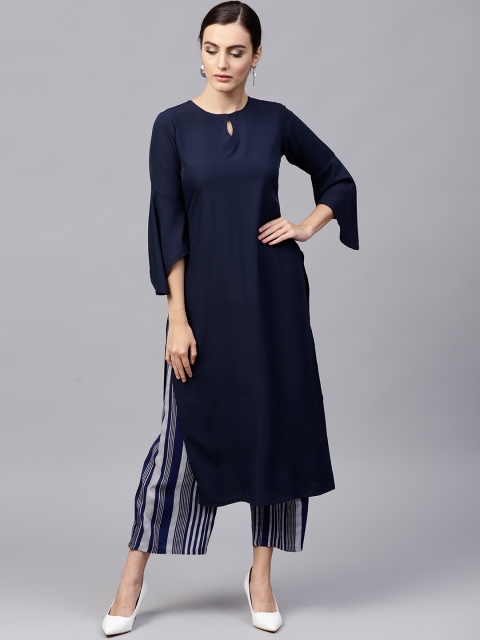 

GERUA Women Navy Blue & Off-White Solid Kurta with Palazzos