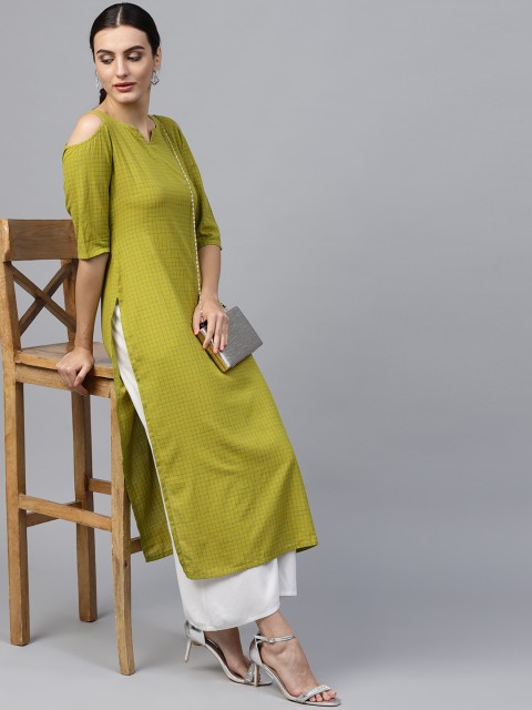 

GERUA Women Olive Green Checked Straight Cold-Shoulder Kurta
