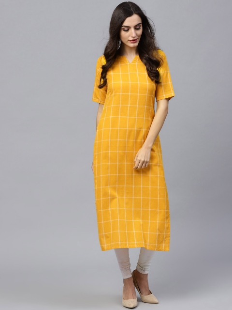 

GERUA Women Yellow & White Checked Straight Kurta