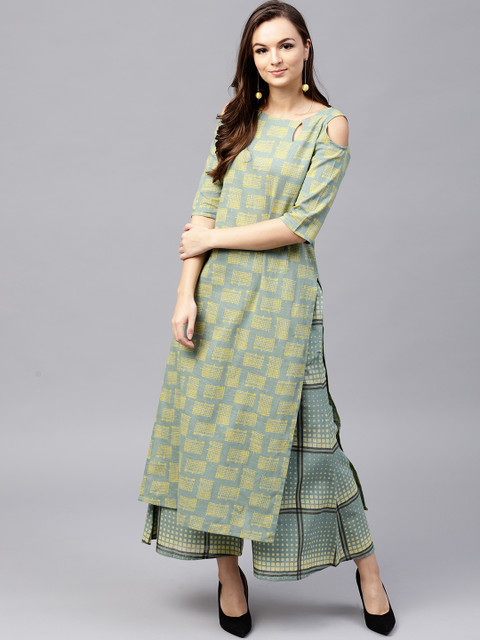 

GERUA Women Green & Yellow Printed Cold Shoulder Kurta with Palazzos
